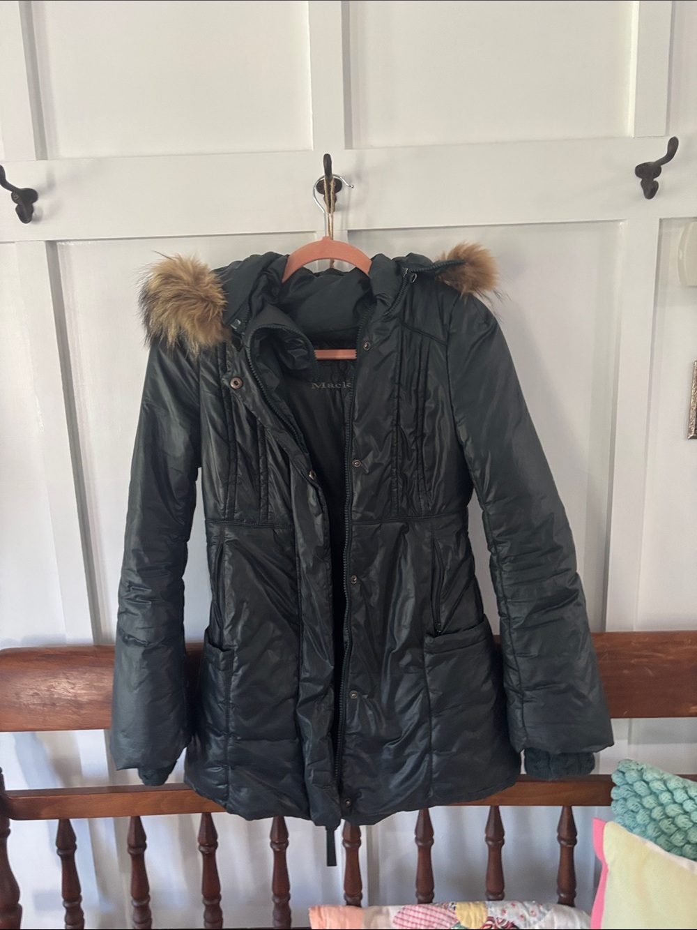 Mackage Black Hooded Puffer Coat with Brown Faux Fur Hood Trim